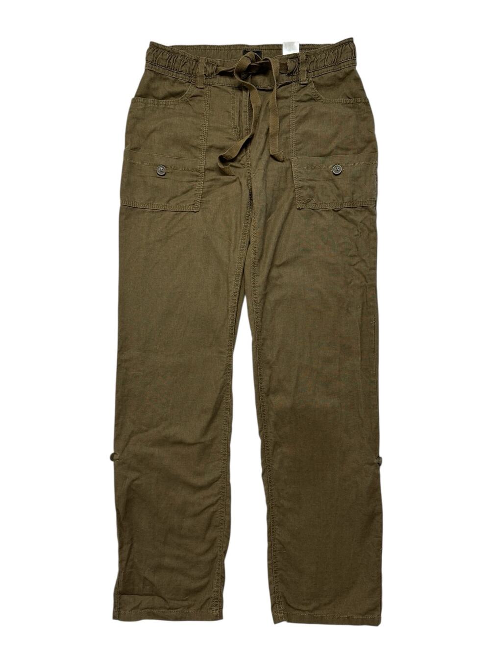 H&M Linen Blend Cargo Roll Tab Crop Pants in Olive Green Size 6 Womens Straight